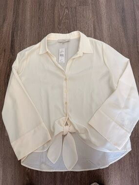 LOFT Ivory Button-Front Blouse with Soft Collar